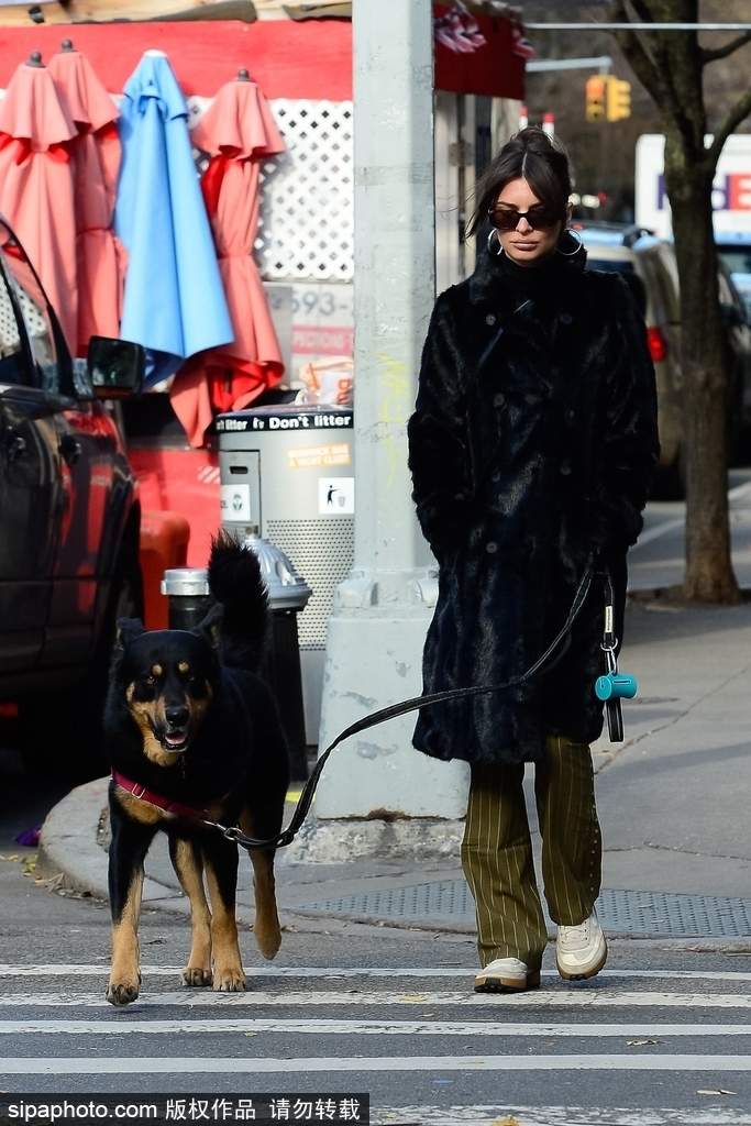 艾米丽拉塔科夫斯基带爱犬出街 穿黑色皮草大衣面容冷酷