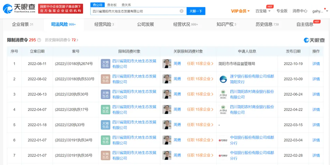 周震南父亲周勇公司再成老赖 已有多条限制消费令及失信被执行人信息封面图