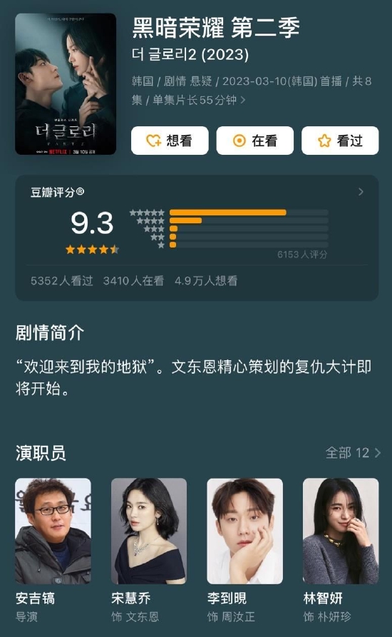 宋慧乔李到晛主演韩剧《黑暗荣耀2》豆瓣开分9.3封面图