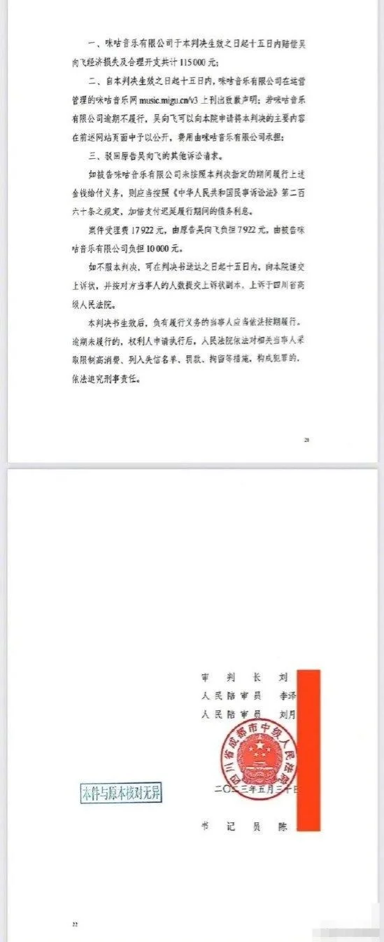 吴向飞起诉咪咕音乐侵权 法院一审判赔11.5万元封面图