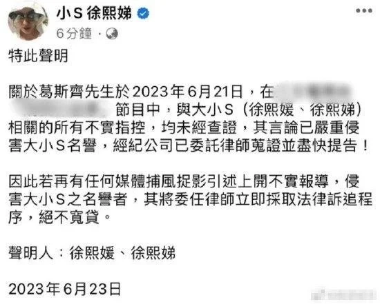 大小S宣布起诉葛斯齐 称其不实指控已侵犯名誉权封面图